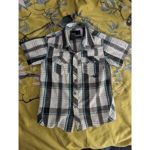 Vintage Y2K Micros boys Large Grey Short Sleeve Casual Button Down Shirt